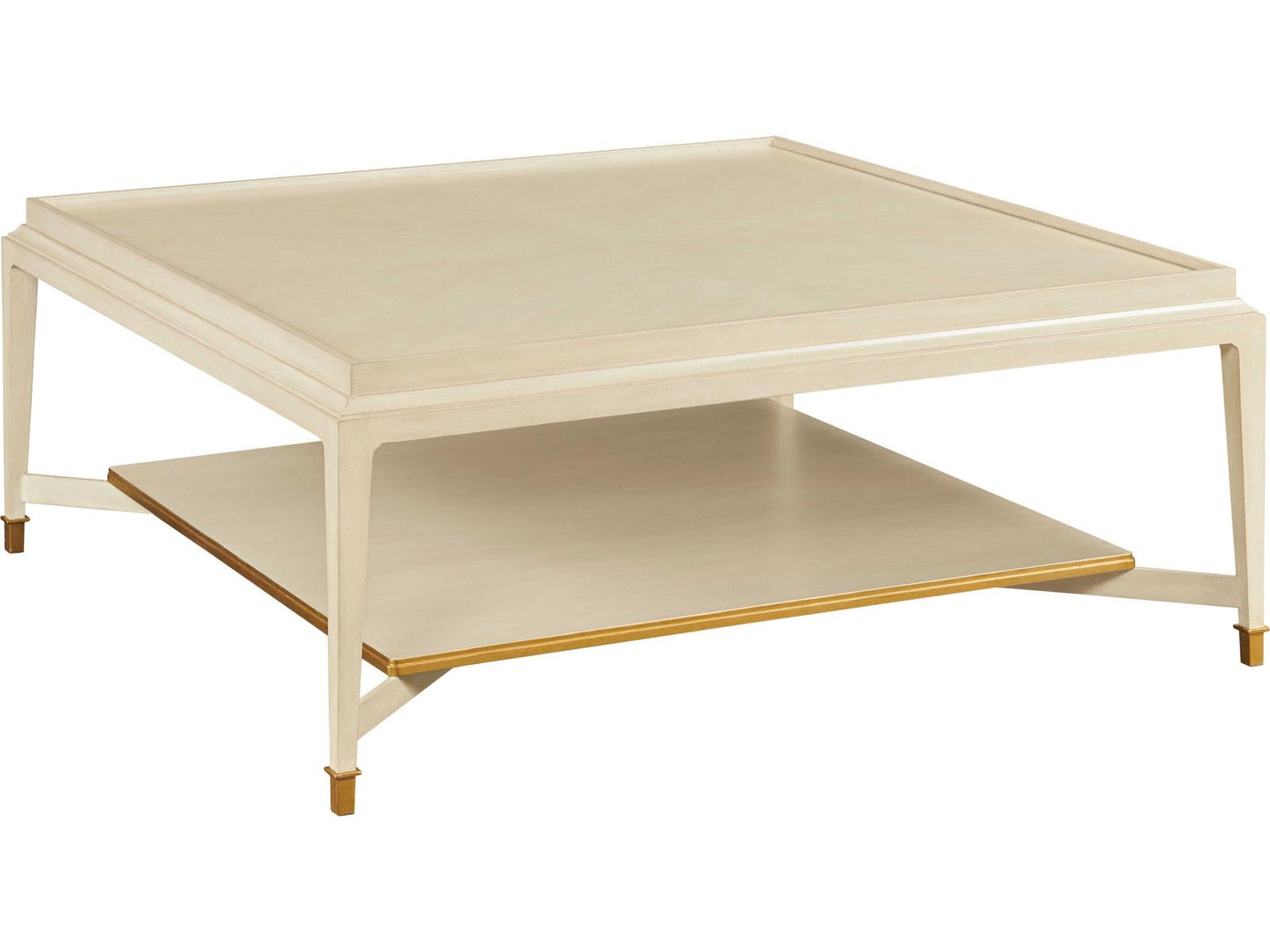 Square Wood Tiered Coffee Table in Linen Paint with Aged Gold Accents