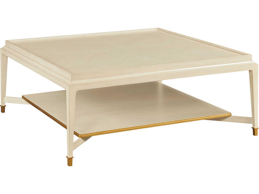 Square Wood Tiered Coffee Table in Linen Paint with Aged Gold Accents