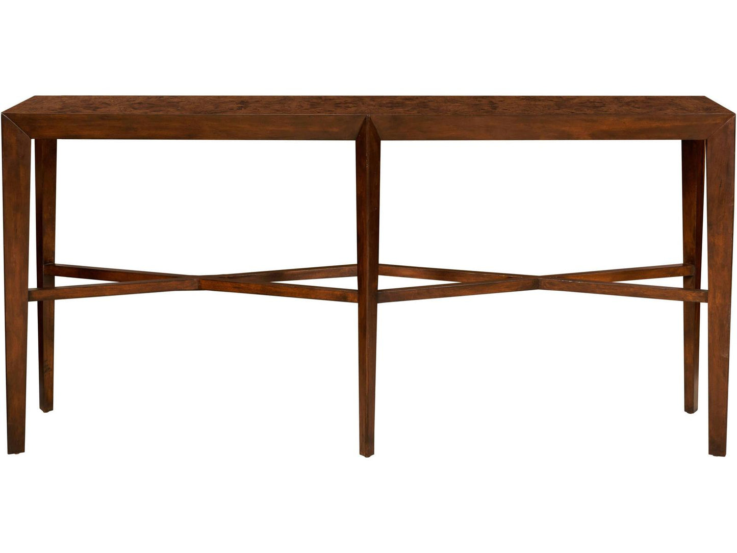 Modern Rectangular Ash Burl Mahogany Console Table with X Stretcher