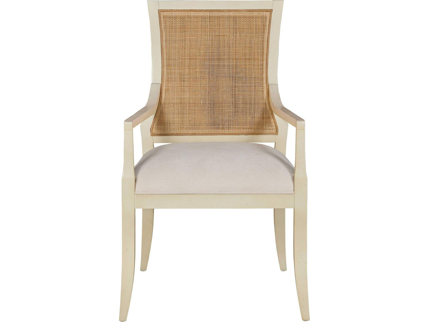 Cane Back Upholstered Arm Dining Chair in Linen Paint