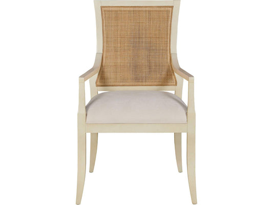 Cane Back Upholstered Arm Dining Chair in Linen Paint