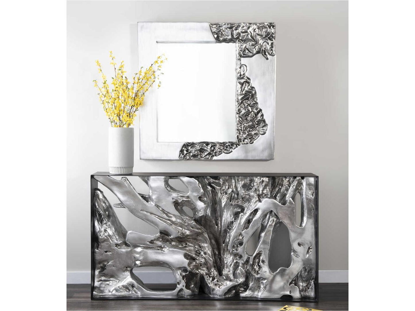 Cast Root Metal Framed Console Table in Silver Leaf
