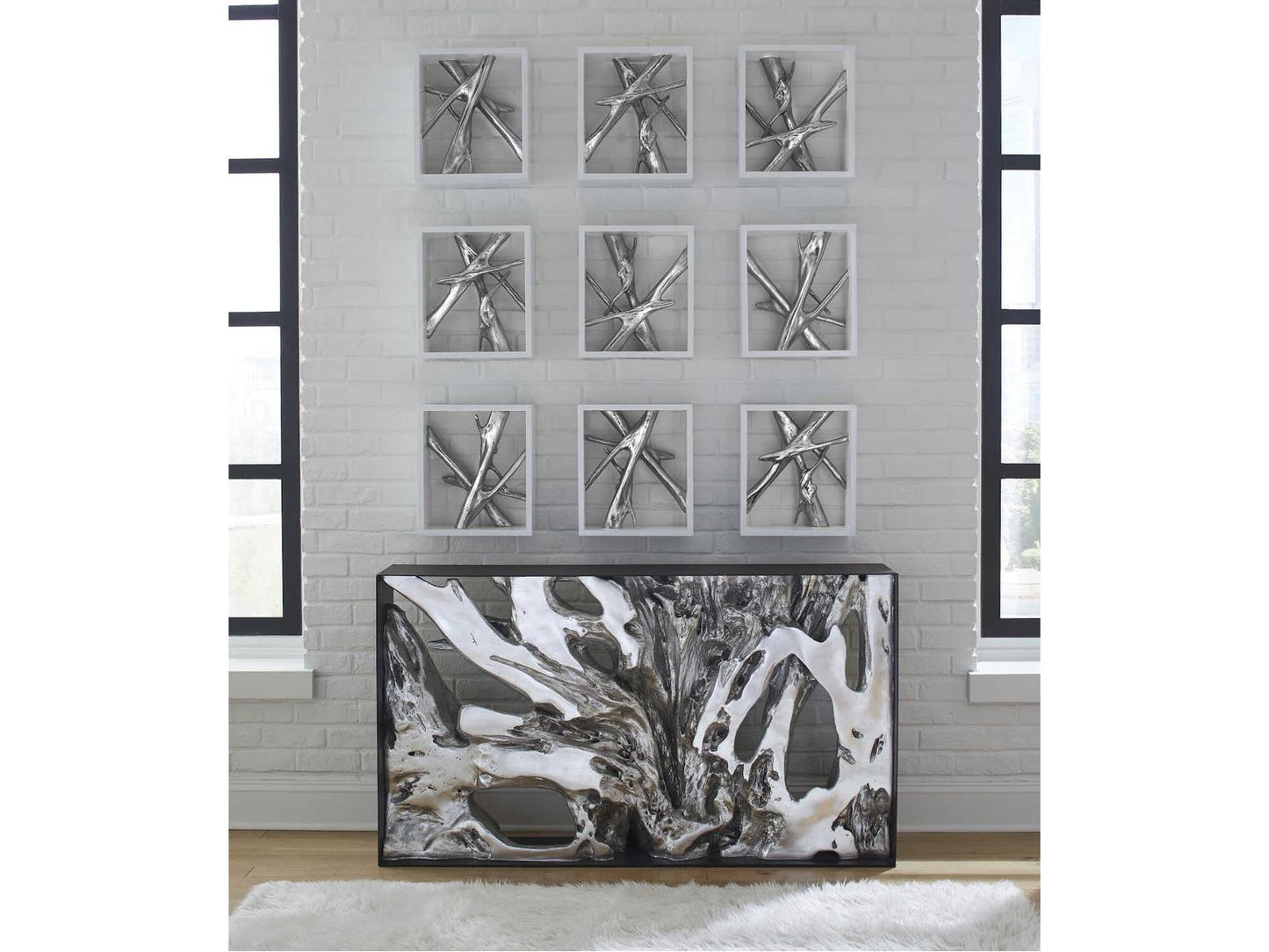 Cast Root Metal Framed Console Table in Silver Leaf