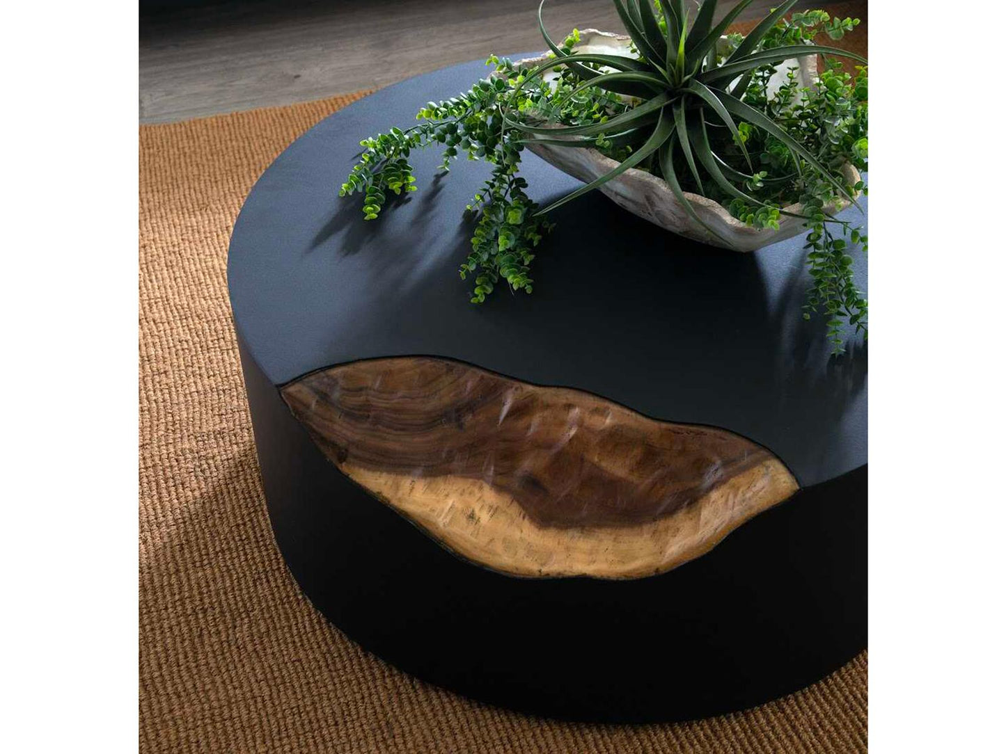 Flow Cornered Round Metal Coffee Table in Natural Black Brown