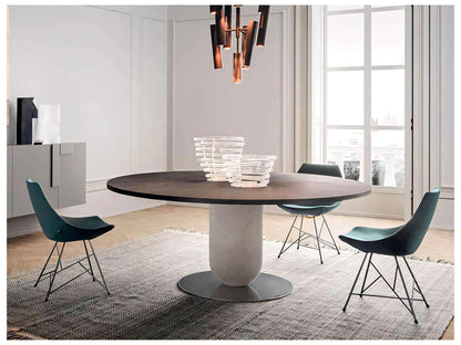 Ettore Round Wood Walnut Dining Table with Fog Grey and Glossy Titanium Base