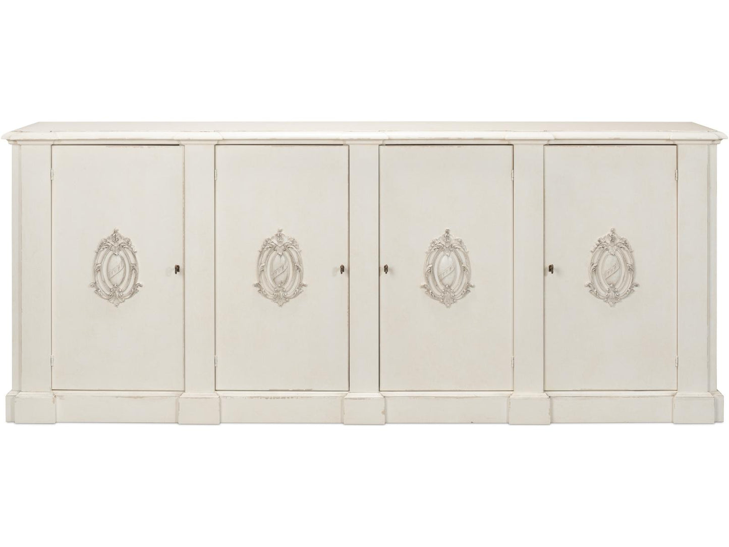 Crested Solid Pine Wall Cabinet with White Finish and Decorative Emblems