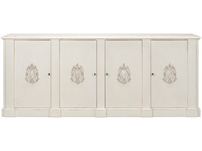 Crested Solid Pine Wall Cabinet with White Finish and Decorative Emblems