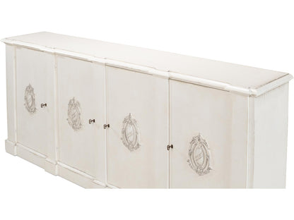 Crested Solid Pine Wall Cabinet with White Finish and Decorative Emblems