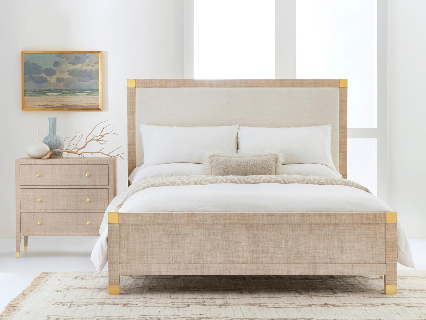 Palmetto 3-Drawer Nightstand with Beige Rattan and Brass Accents