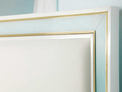 Seaglass Queen Platform Bed with Brass Trim and White Linen Upholstery