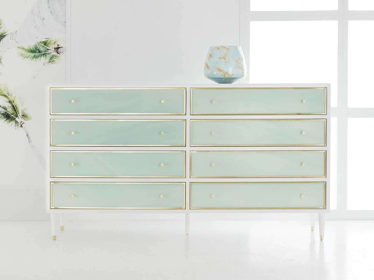 Seaglass Double Dresser in White Painted Mahogany with Seaglass Green Accents