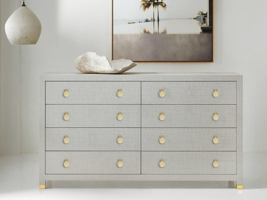 Kona Eight-Drawer Dresser with Gray Oak Finish and Polished Brass Hardware