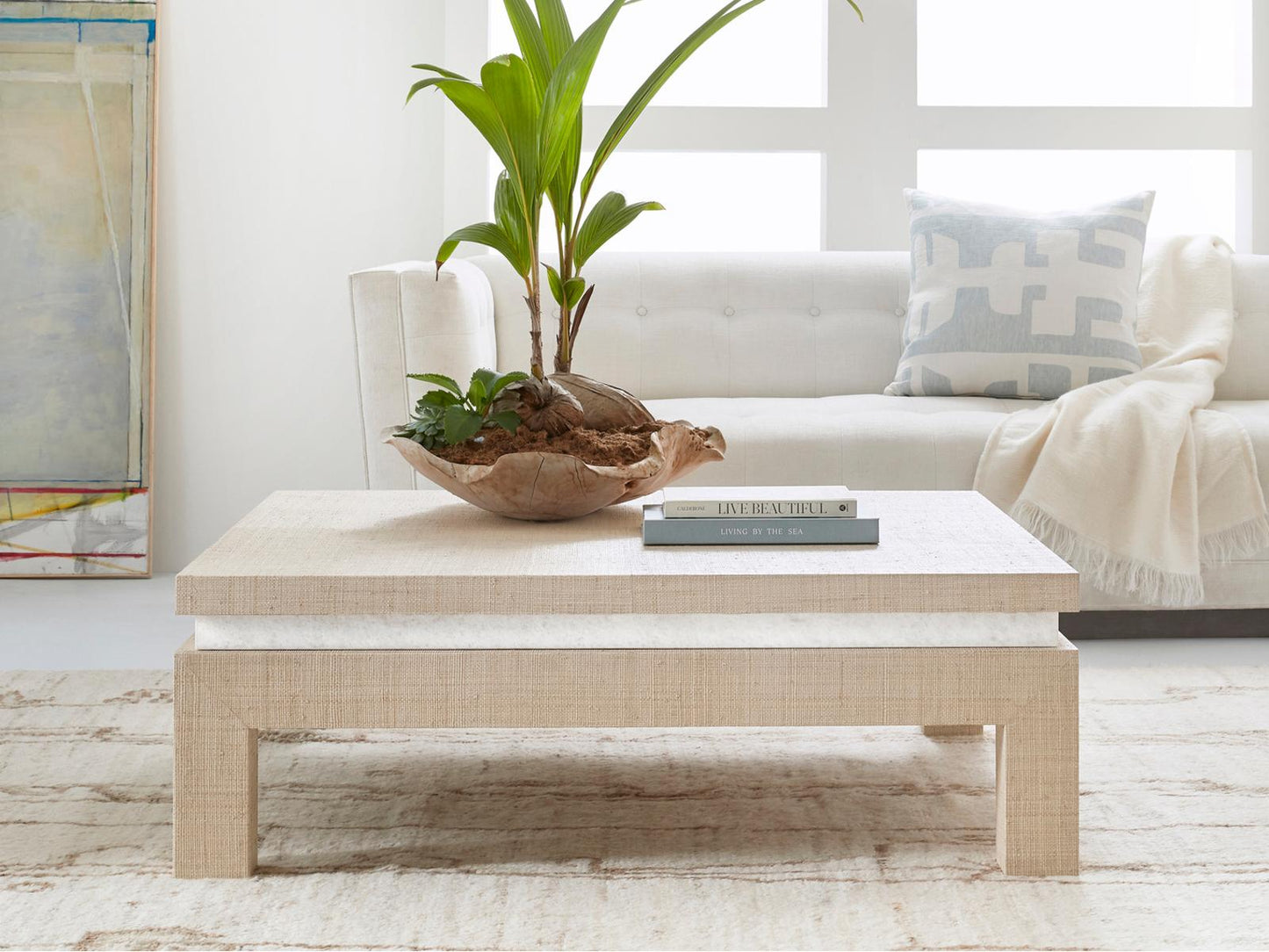 Palmetto Square Stone Coffee Table with Rattan Base
