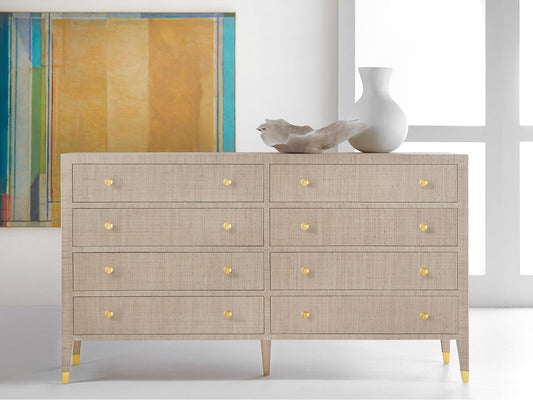 Palmetto Beige Rattan Double Dresser with Brass Accents