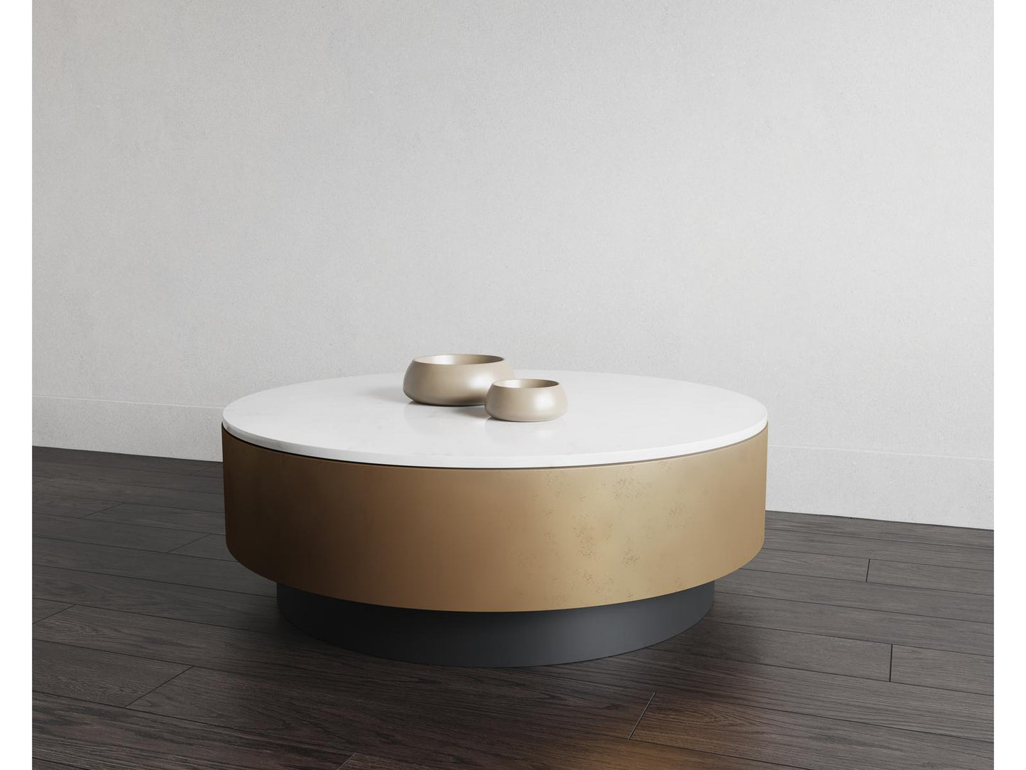 Zelda Round Coffee Table with White Marble and Antique Brass Base