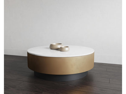 Zelda Round Coffee Table with White Marble and Antique Brass Base