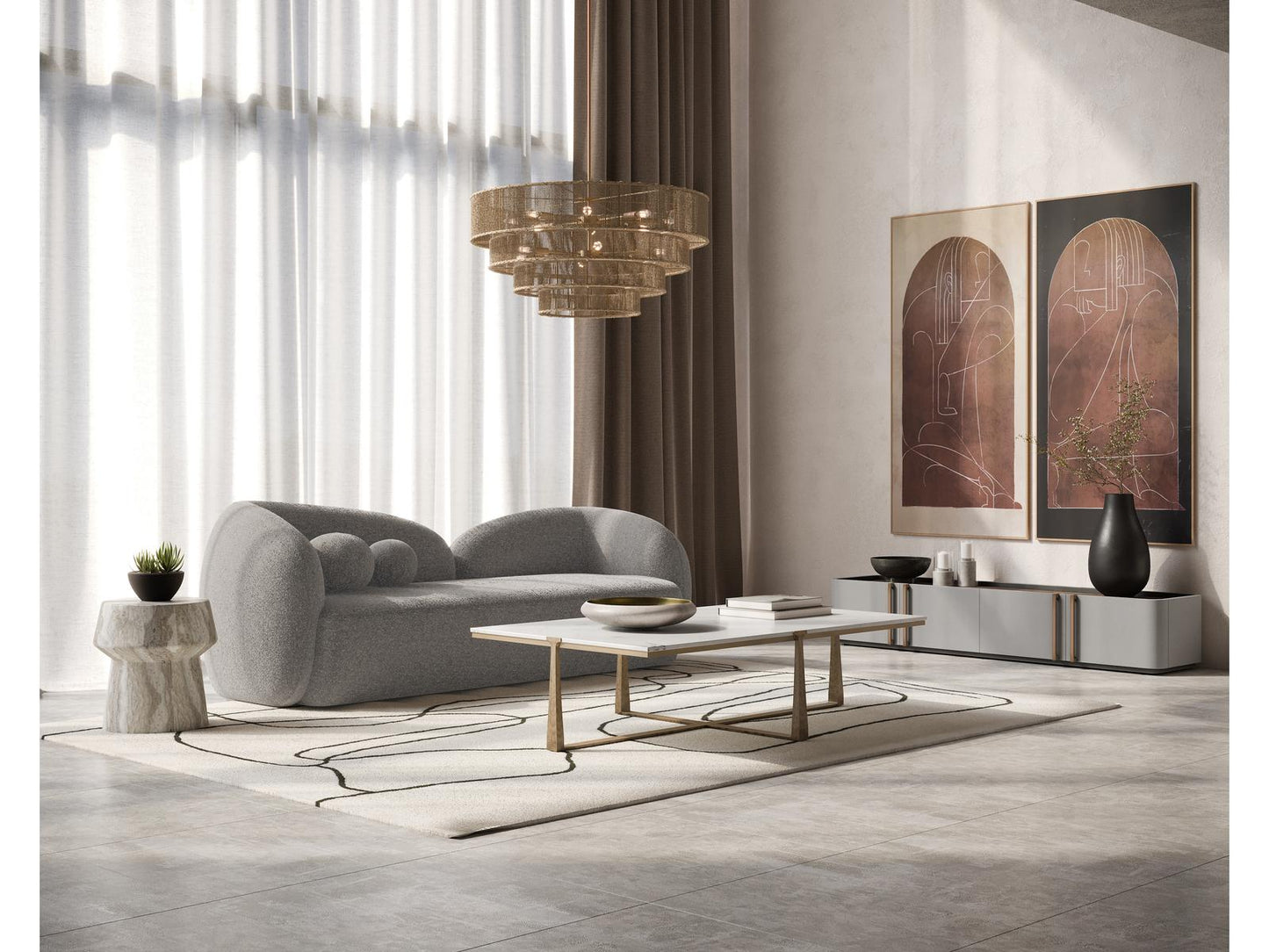 Cowell Rectangle Coffee Table in White Marble and Antique Brass