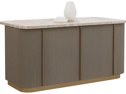 Cataldi Kitchen Island with Marble Top and Taupe Faux Leather