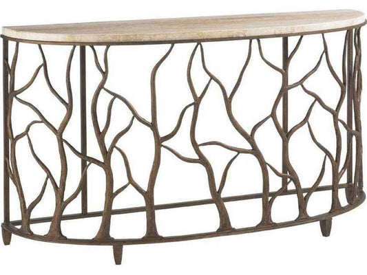Bannister Garden Demilune Console Table in Travertine and Metal