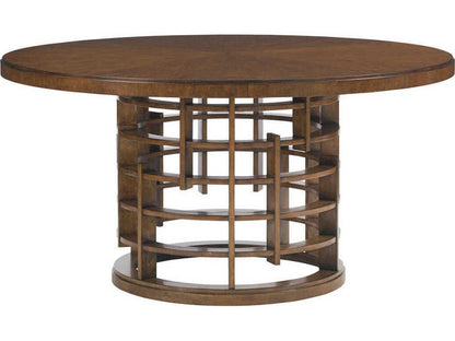 Home Island Fusion Round Dining Table 60 Inch with Wooden Top Dark Walnut