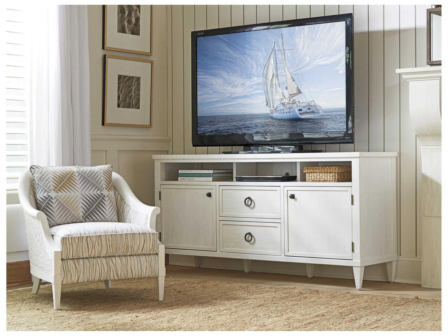 Ocean Breeze Dockside Media Console with Sound Bar Storage in Shell White