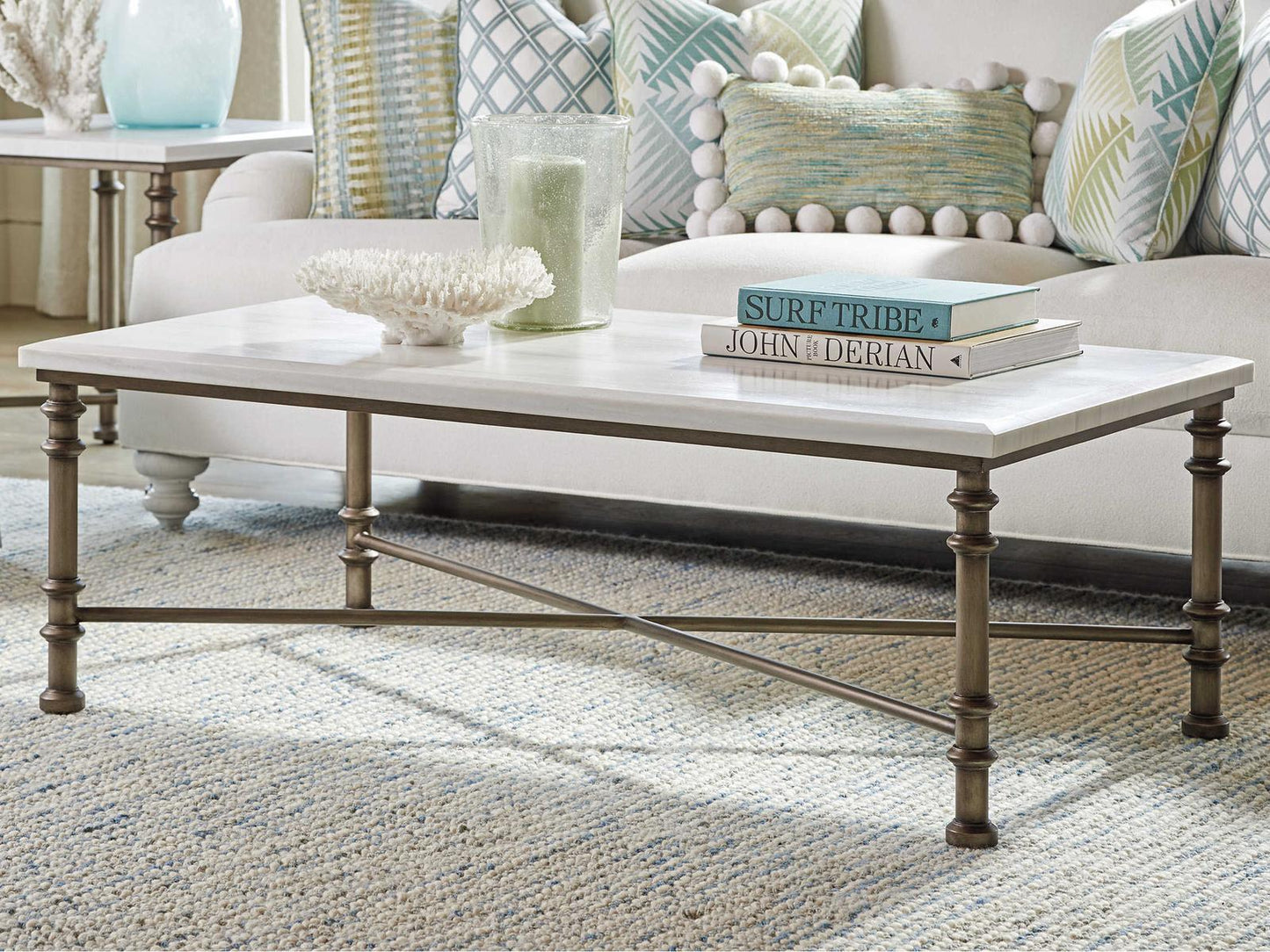 Ocean Breeze Flagler Rectangular Coffee Table in White Marble and Pewter
