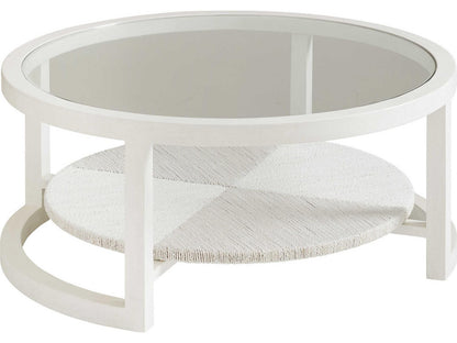 Ocean Breeze Round Coffee Table with Glass Top and Woven Shelf in Shell White