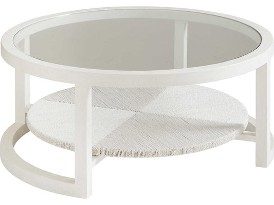 Ocean Breeze Round Coffee Table with Glass Top and Woven Shelf in Shell White