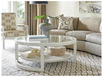 Ocean Breeze Round Coffee Table with Glass Top and Woven Shelf in Shell White