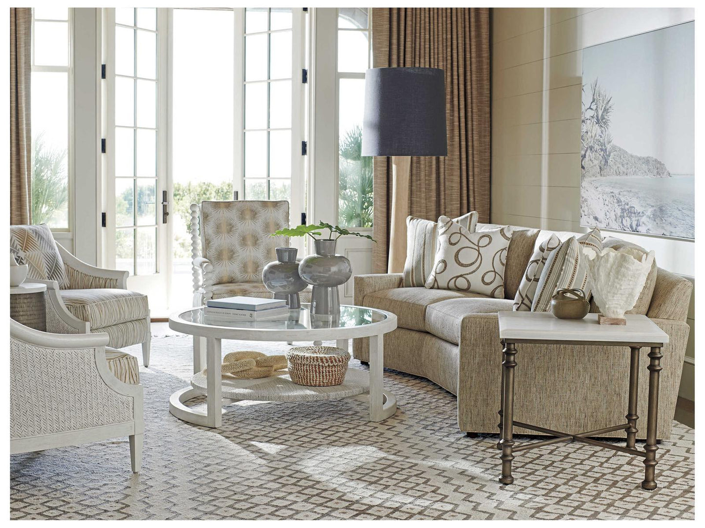 Ocean Breeze Round Coffee Table with Glass Top and Woven Shelf in Shell White