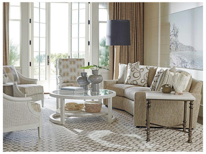 Ocean Breeze Round Coffee Table with Glass Top and Woven Shelf in Shell White