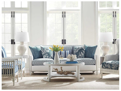 Ocean Breeze Round Coffee Table with Glass Top and Woven Shelf in Shell White