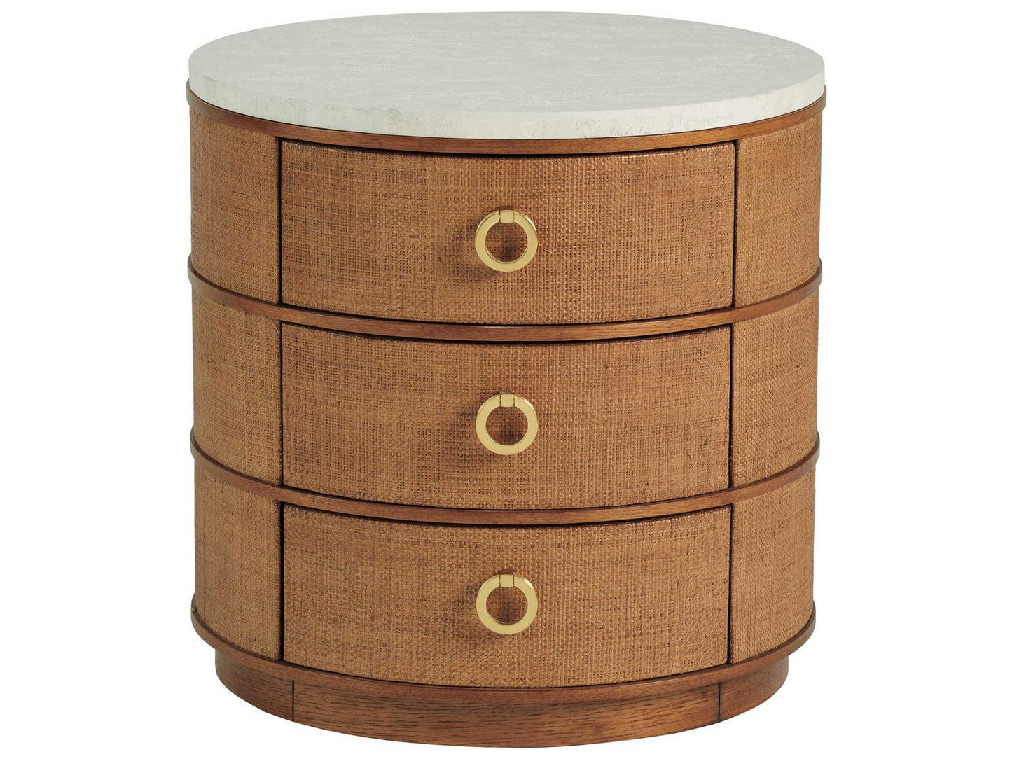Home Banning Round End Table with Raffia and Marble Top in Sierra Tan