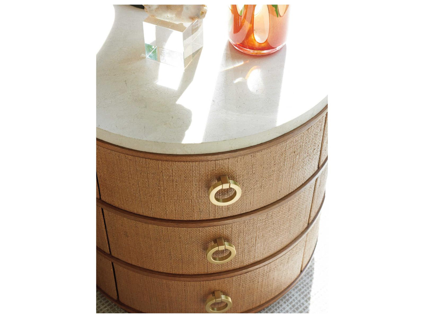 Home Banning Round End Table with Raffia and Marble Top in Sierra Tan