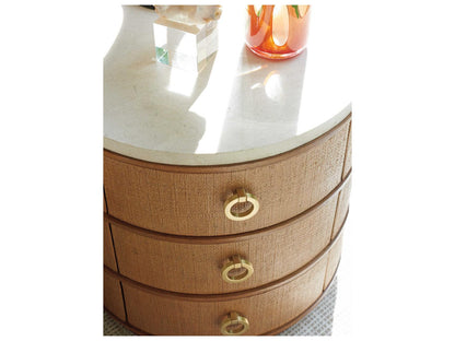 Home Banning Round End Table with Raffia and Marble Top in Sierra Tan