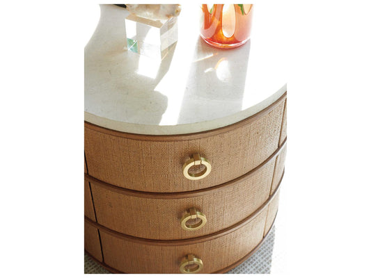 Home Banning Round End Table with Raffia and Marble Top in Sierra Tan