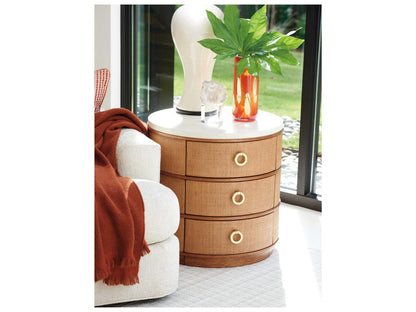 Home Banning Round End Table with Raffia and Marble Top in Sierra Tan