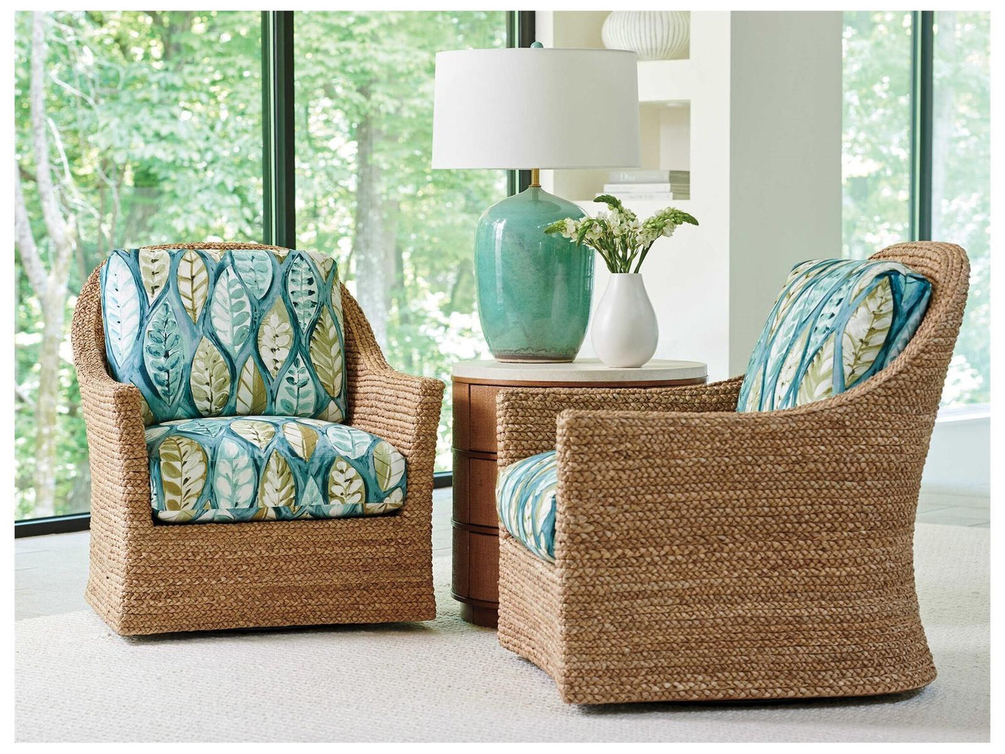 Home Banning Round End Table with Raffia and Marble Top in Sierra Tan