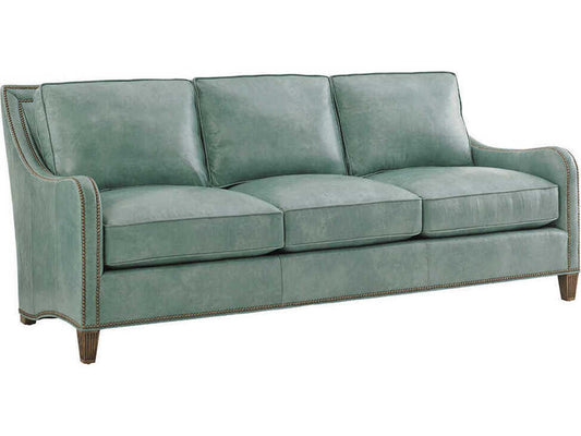 Twin Palms Koko 3-Seat Blue Leather Sofa with Old Brass Nailhead Trim