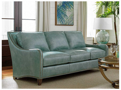 Twin Palms Koko 3-Seat Blue Leather Sofa with Old Brass Nailhead Trim