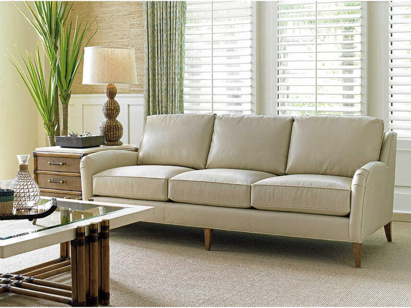 Twin Palms Coconut Grove 3-Seat Beige Leather Sofa