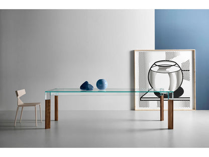 Perseo Rectangle Extra Clear Glass Dining Table with Customizable Wood Legs