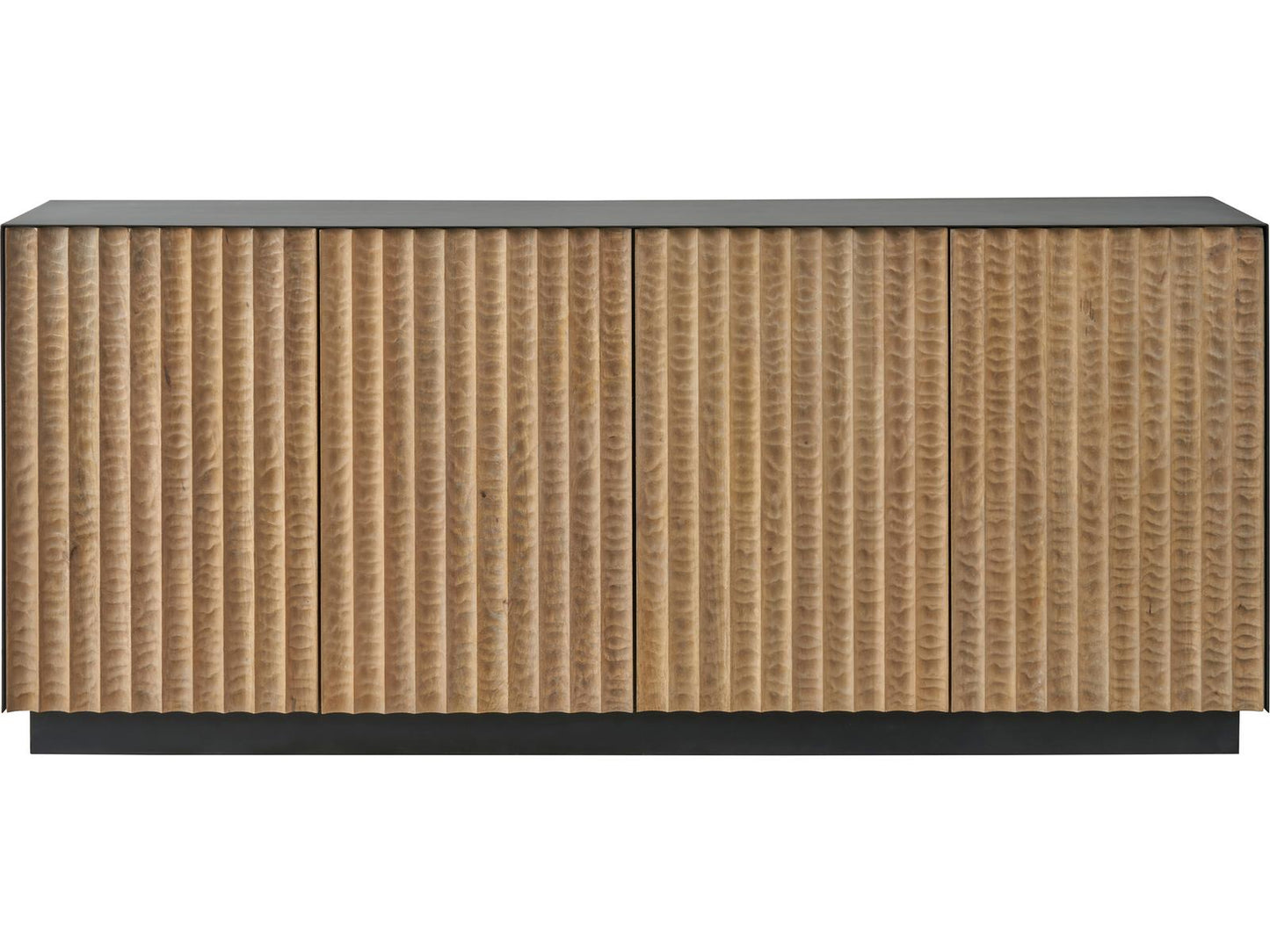 Modern Noir Credenza with Carved Wood Doors and Iron Frame