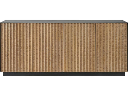 Modern Noir Credenza with Carved Wood Doors and Iron Frame