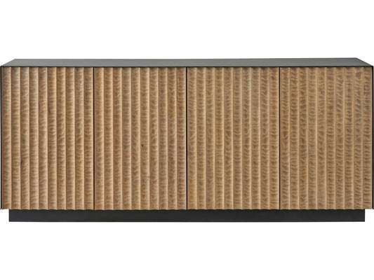 Modern Noir Credenza with Carved Wood Doors and Iron Frame