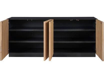 Modern Noir Credenza with Carved Wood Doors and Iron Frame