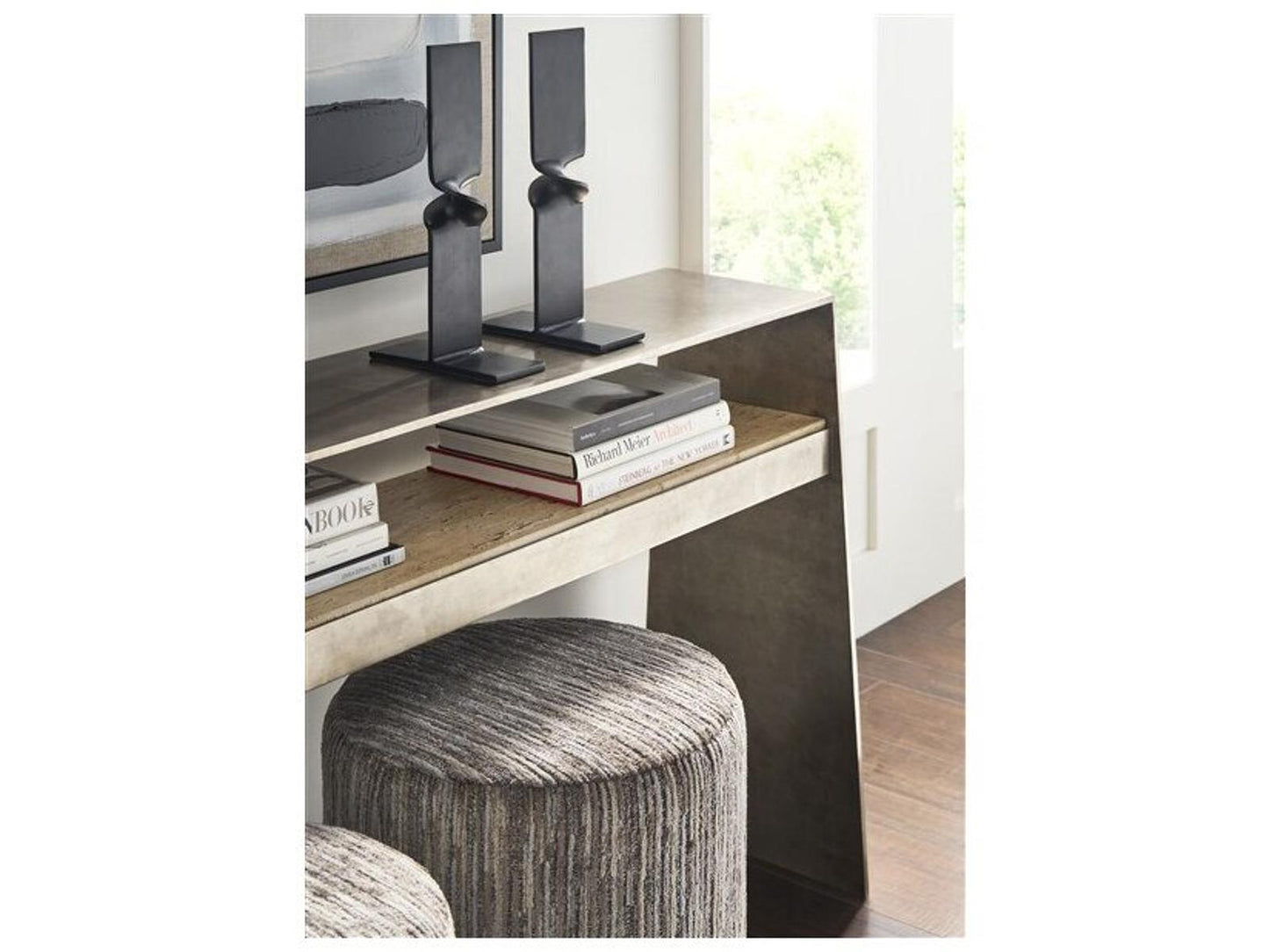 Hadley Rectangular Console Table in Antique Silver Steel and Travertine