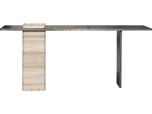 Flynn Rectangle Stone Console Table in Charcoal Aluminum and Travertine