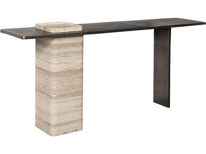 Flynn Rectangle Stone Console Table in Charcoal Aluminum and Travertine