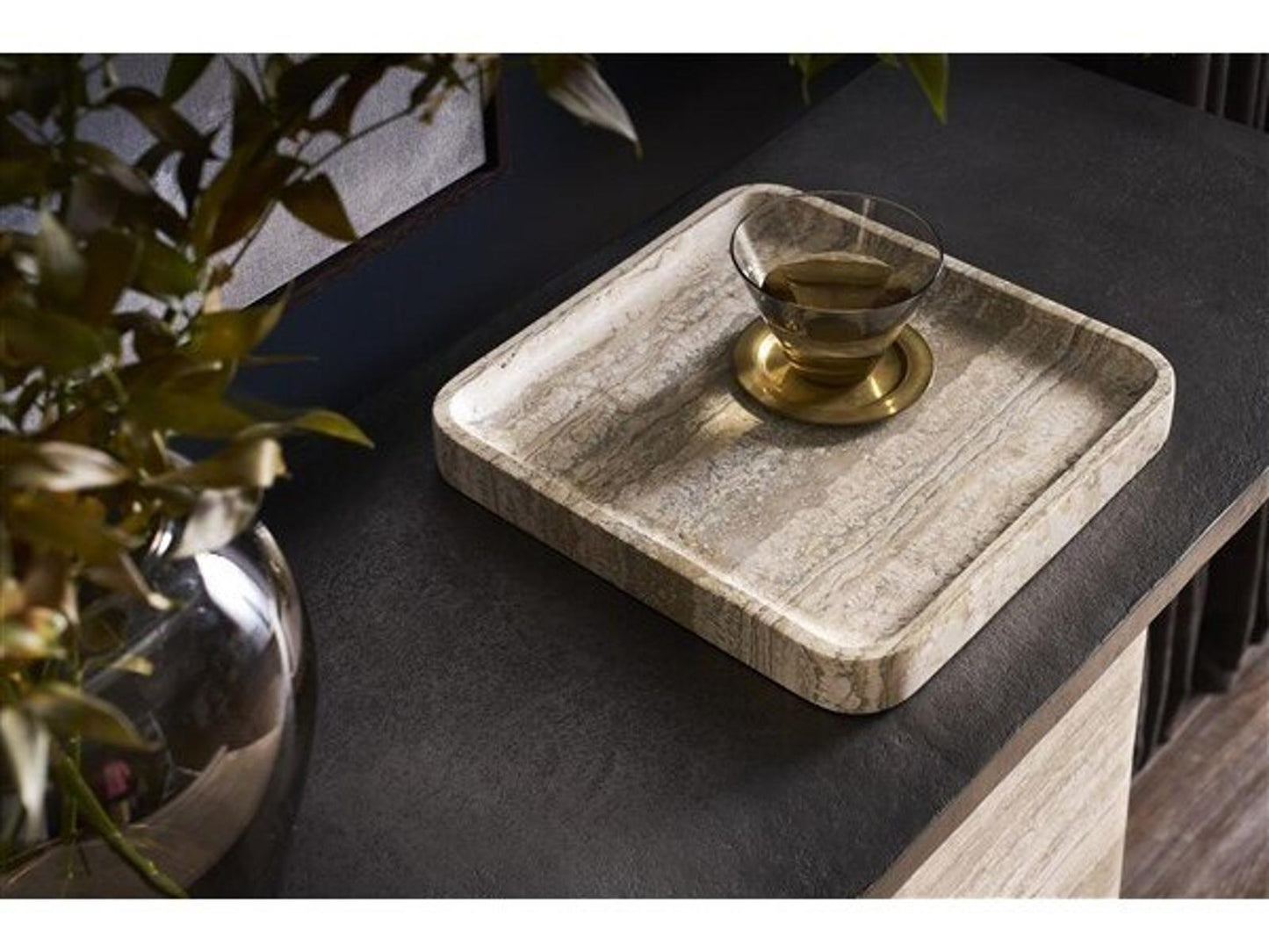 Flynn Rectangle Stone Console Table in Charcoal Aluminum and Travertine